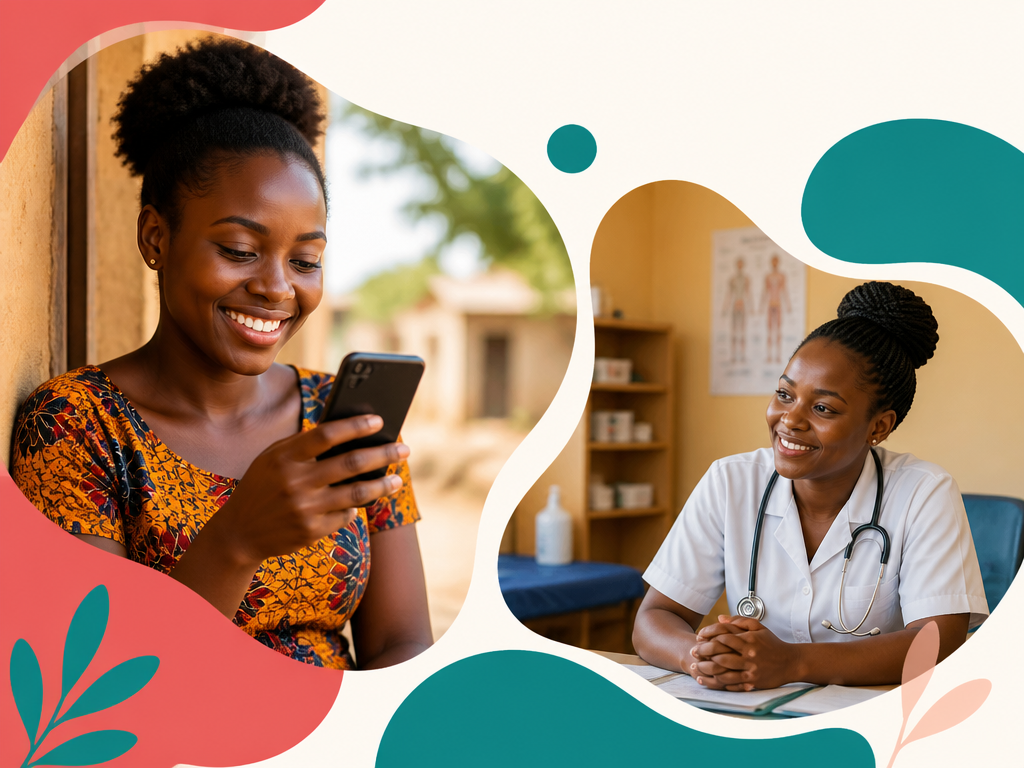 Woman in Uganda chatting with the askNivi health assistant on her phone while a health worker responds